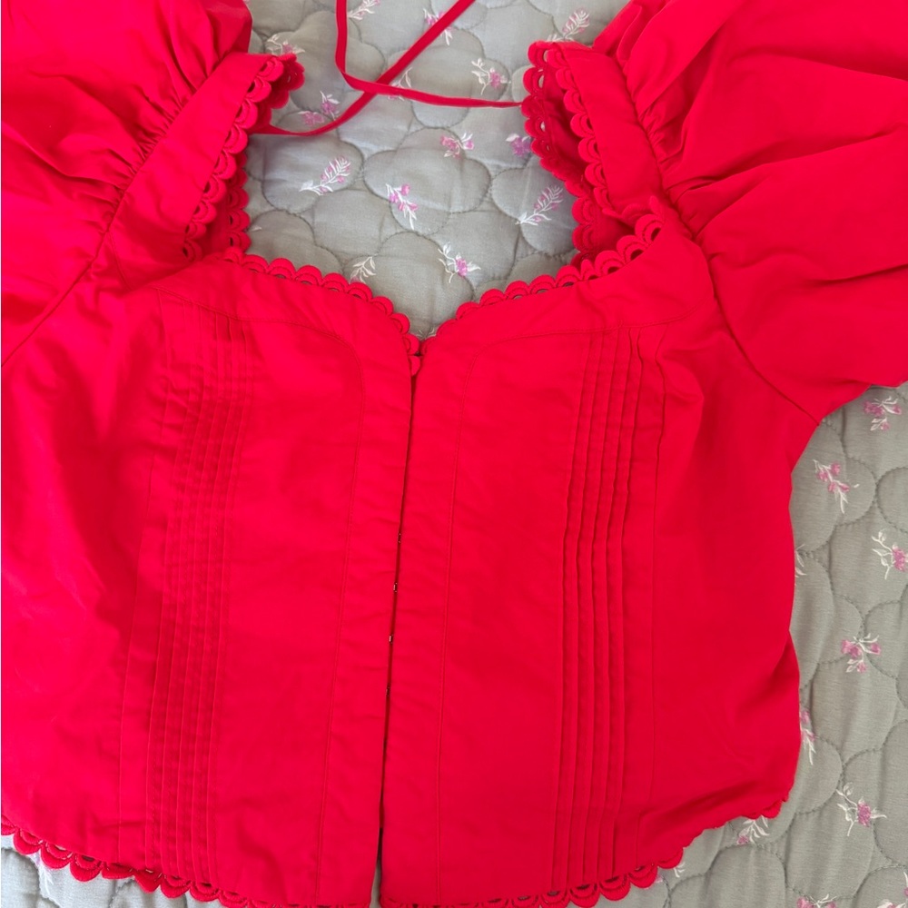 Red Peasant-Sleeve Square Neck Top